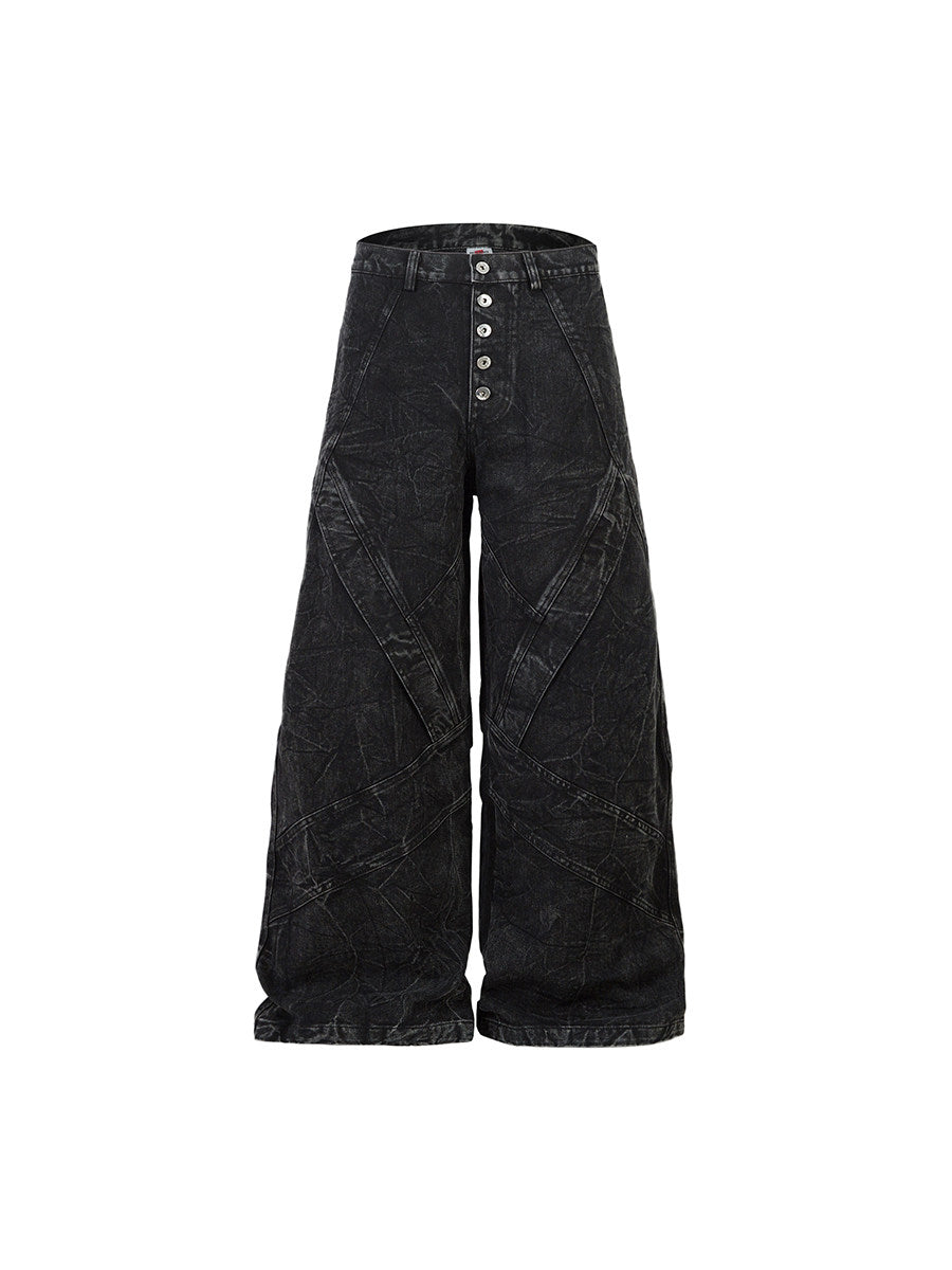 Men's Wrinkle-Texture Button-Fly Wide-Leg Jeans
