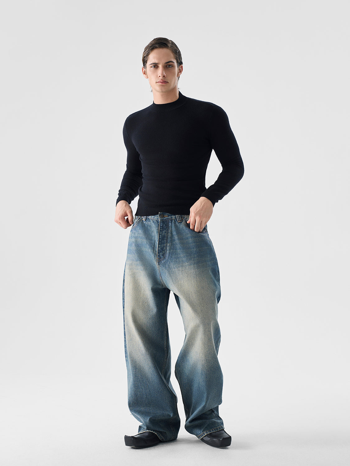 Vintage Waxed Finish Wide-Leg Jeans