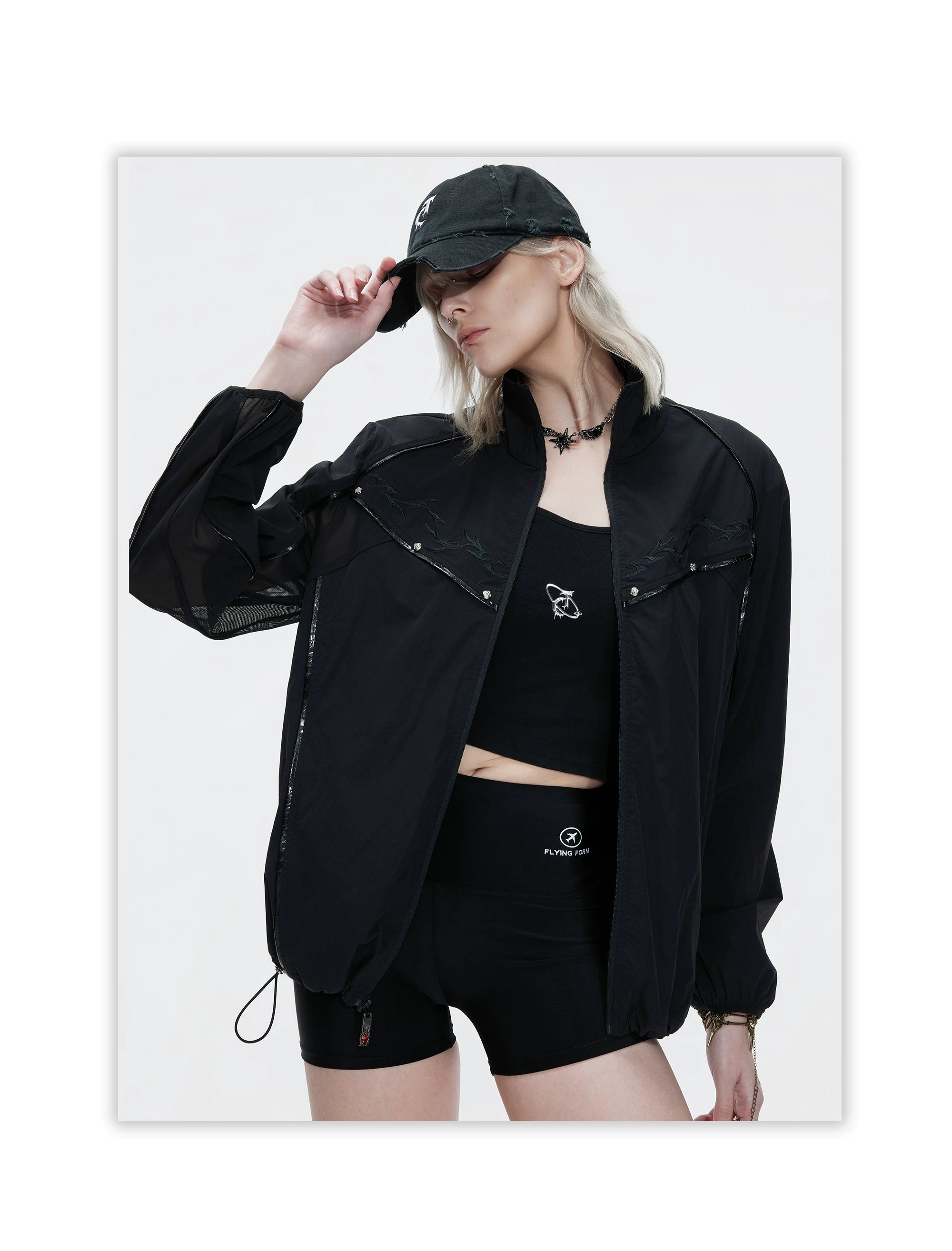 Embroidered Yoke Zip Front Windbreaker