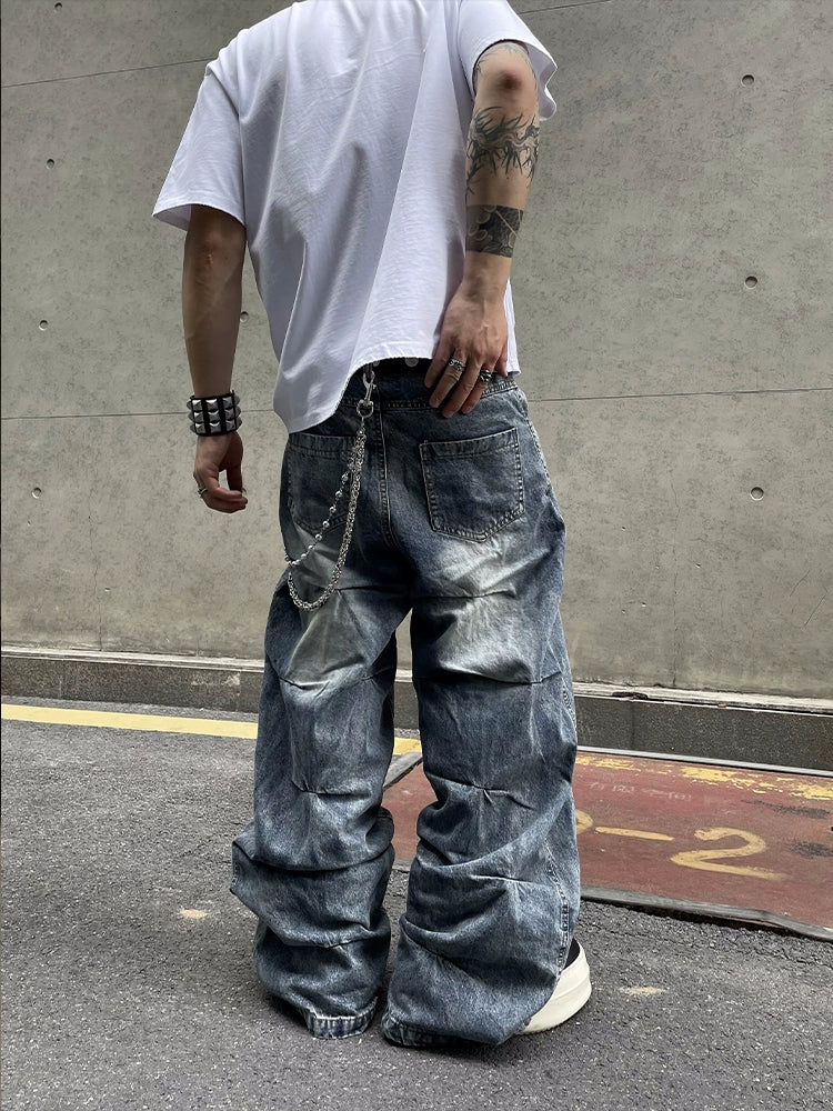 Wrinkle Design 3D Geometric Washed Jeans