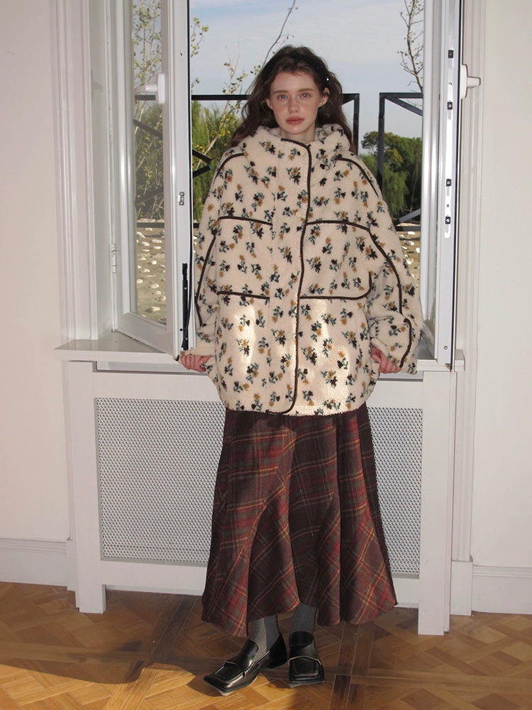 Floral Print Sherpa Jacket with Hood and Contrast Piping