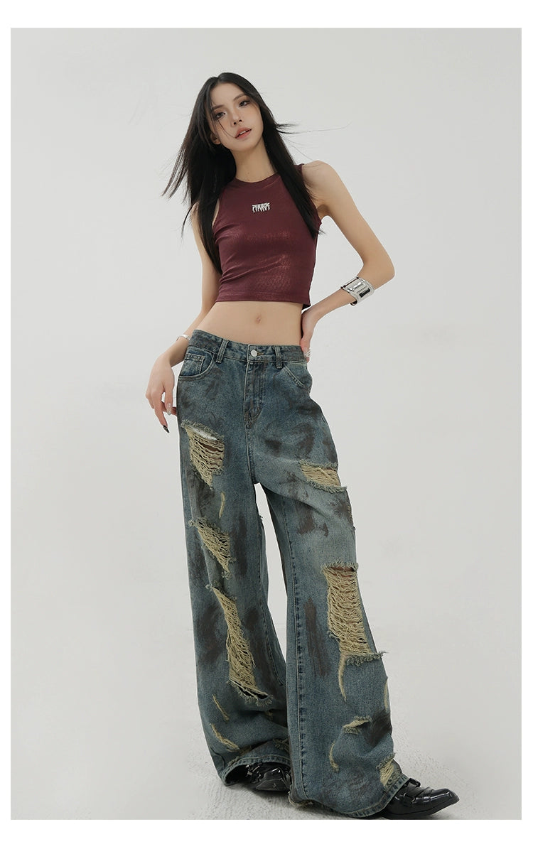 Retro Tie-Dye Distressed Wide-Leg Jeans With Washed Effect And Draping Fit - chiclara
