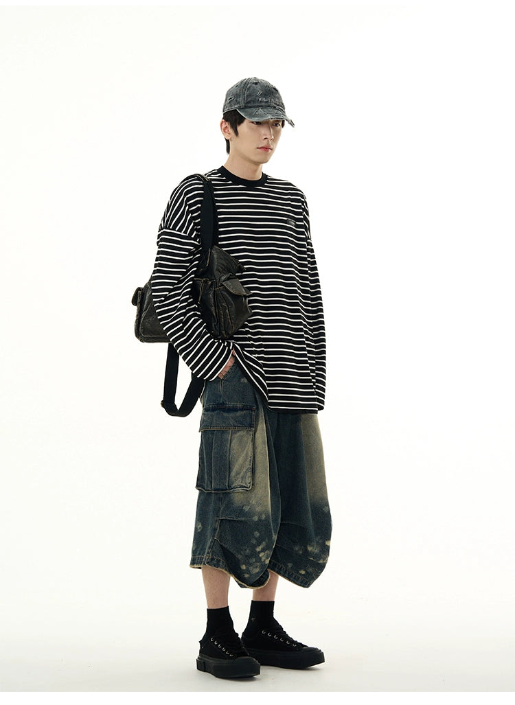 Bleached Wide-Leg Denim Cargo Shorts