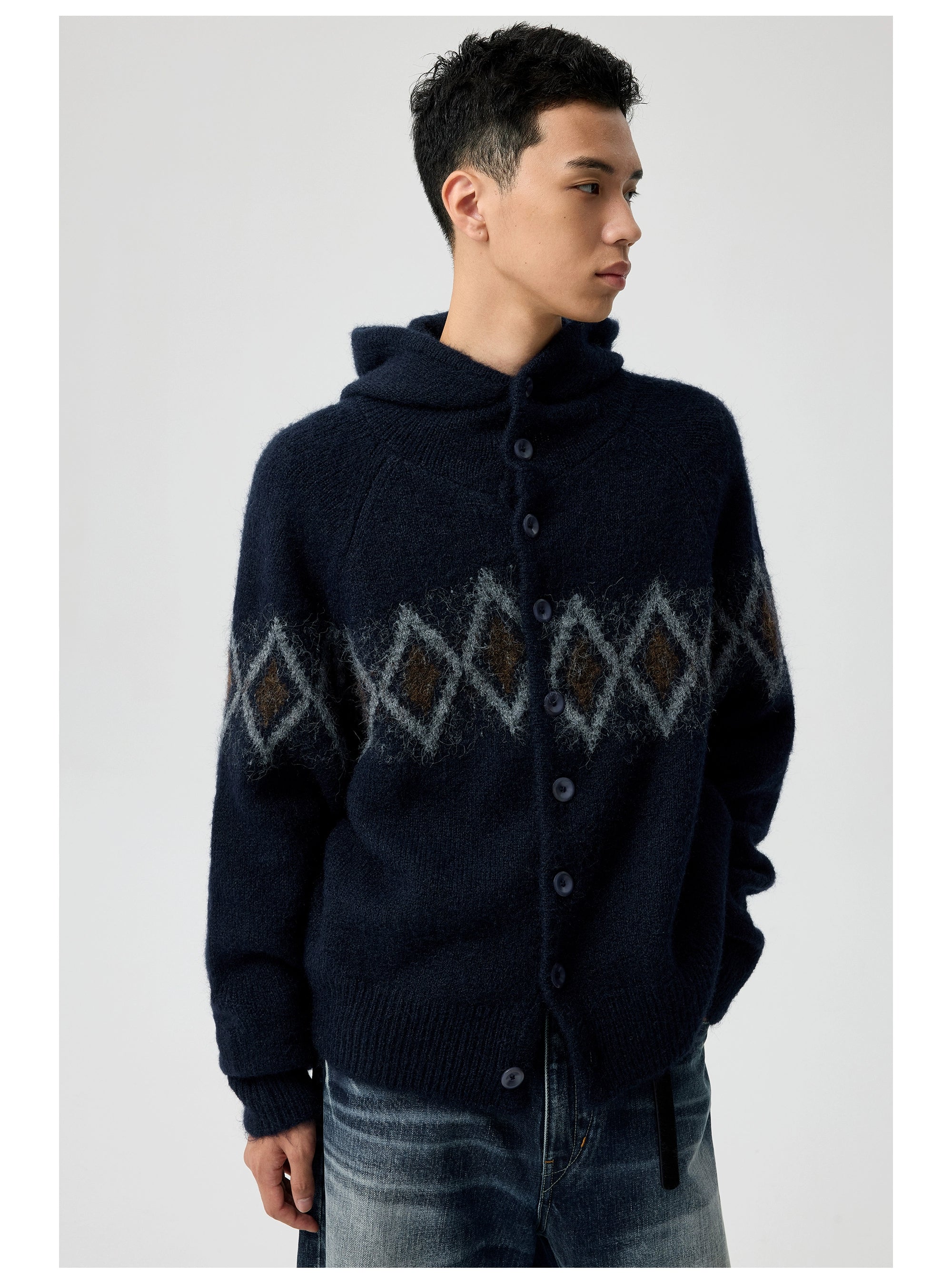 Diamond Pattern Hooded Wool Cardigan