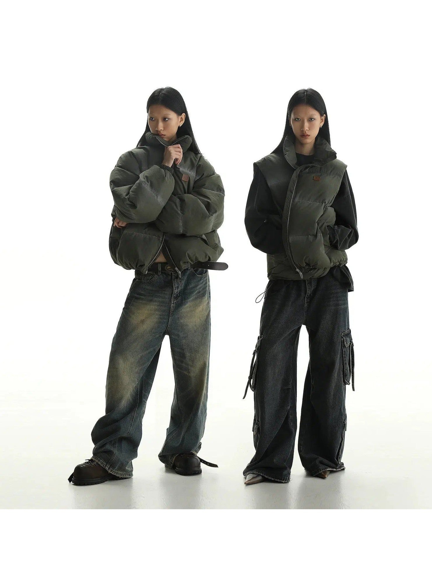 Puffer Jacket with Striped Fading and Zipper - chiclara