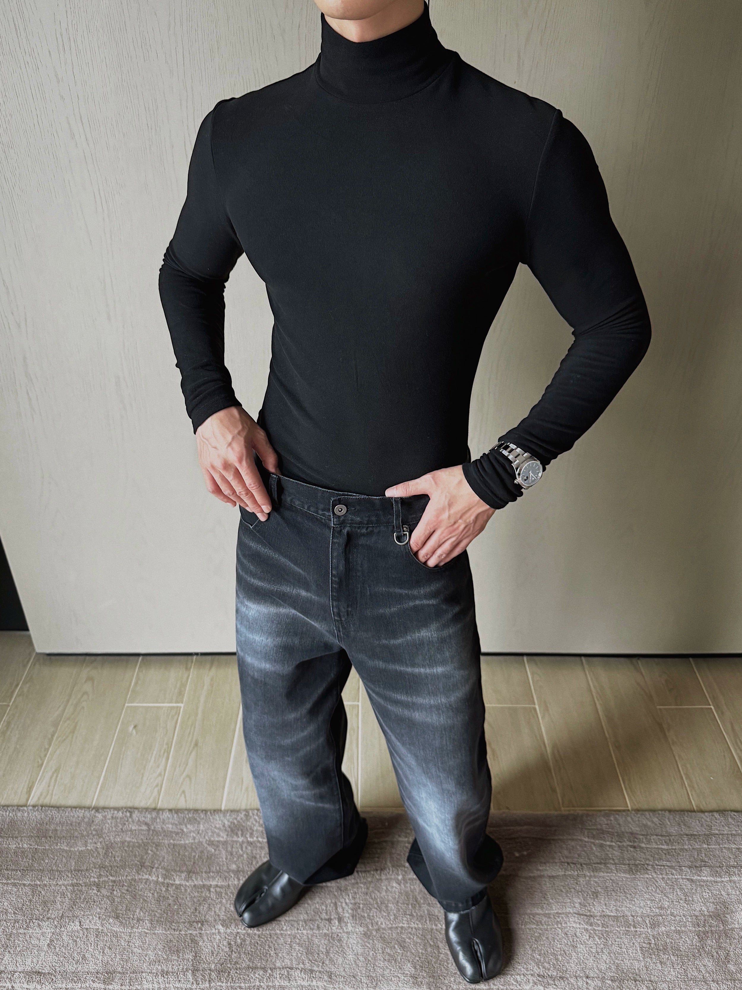Black Mock Neck Long Sleeve Fitted Top
