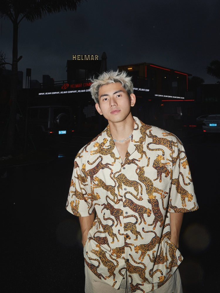 Beige Leopard Print Short Sleeve Shirt