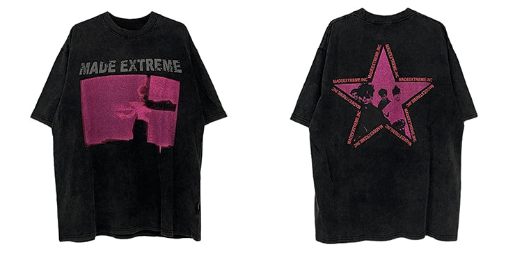Acid Wash Graphic T-Shirt with Pink Print
