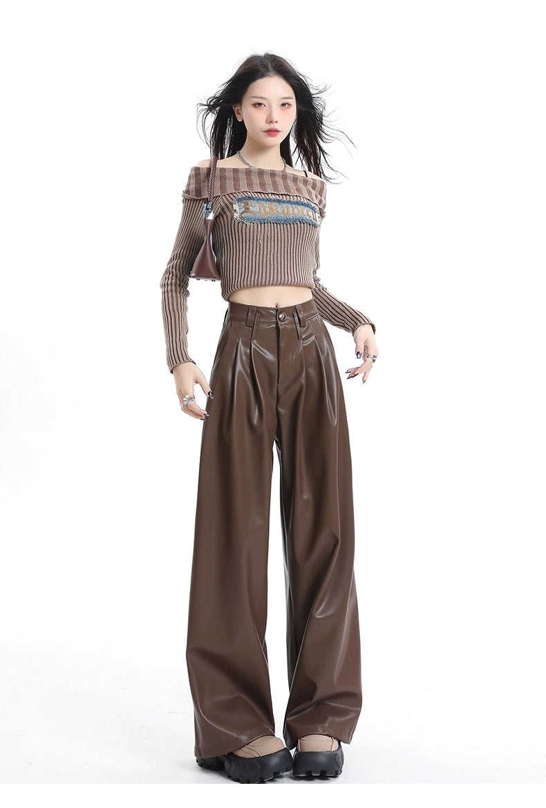 Coffee Wide-Leg Pu Leather Pants - chiclara