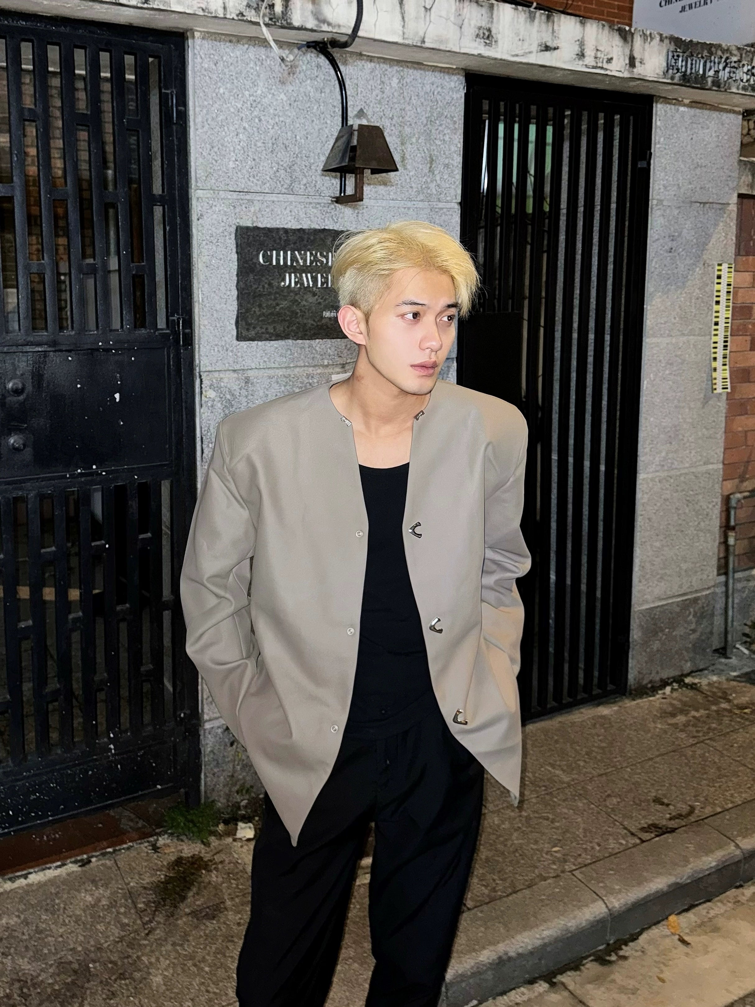 Light Beige Collarless Long Coat with Asymmetric Button Fastening