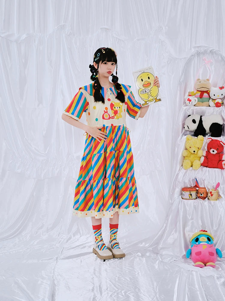 Rainbow Stripe Teddy Bear Party Dress