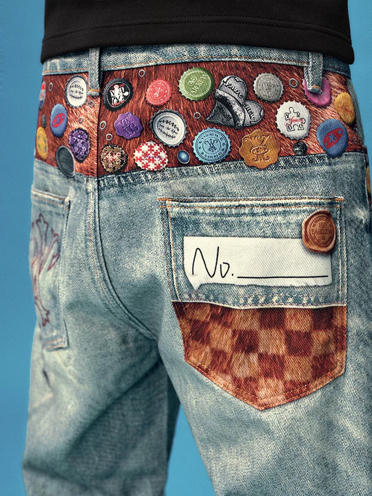Badge Embellished Washed Wide Leg Jeans