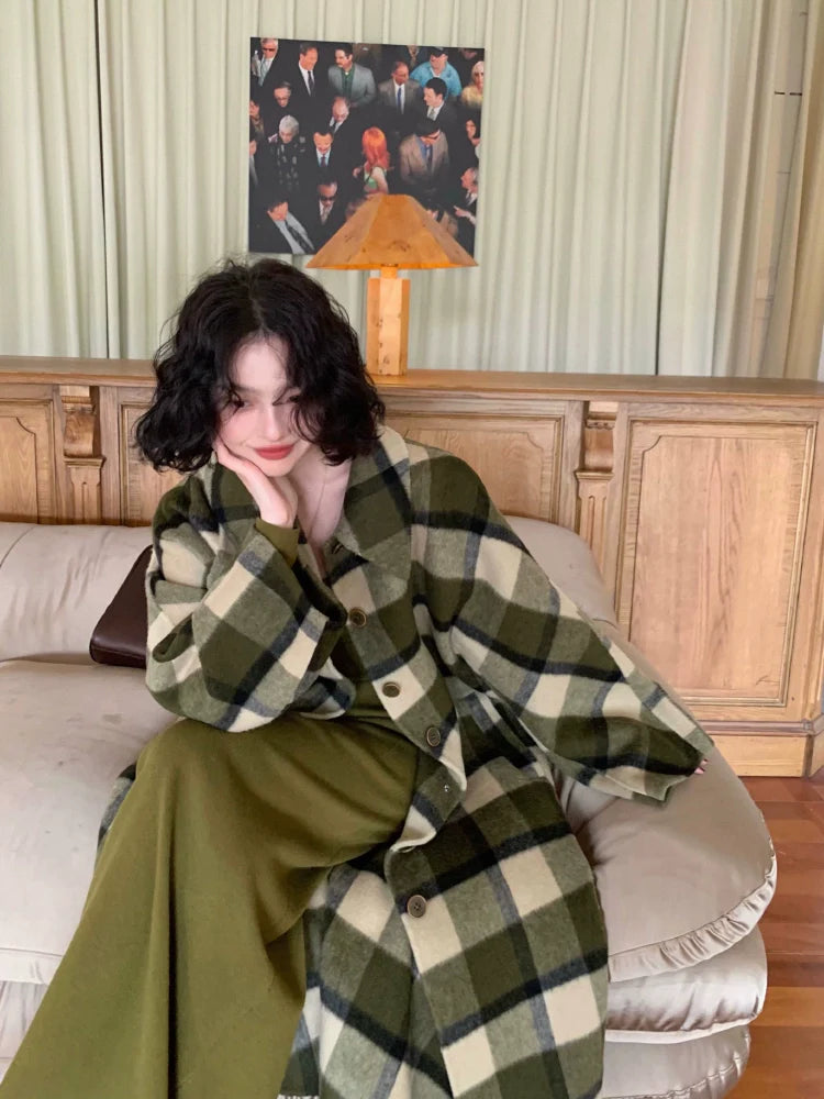 Olive Green Plaid Button-Up Wool Coat