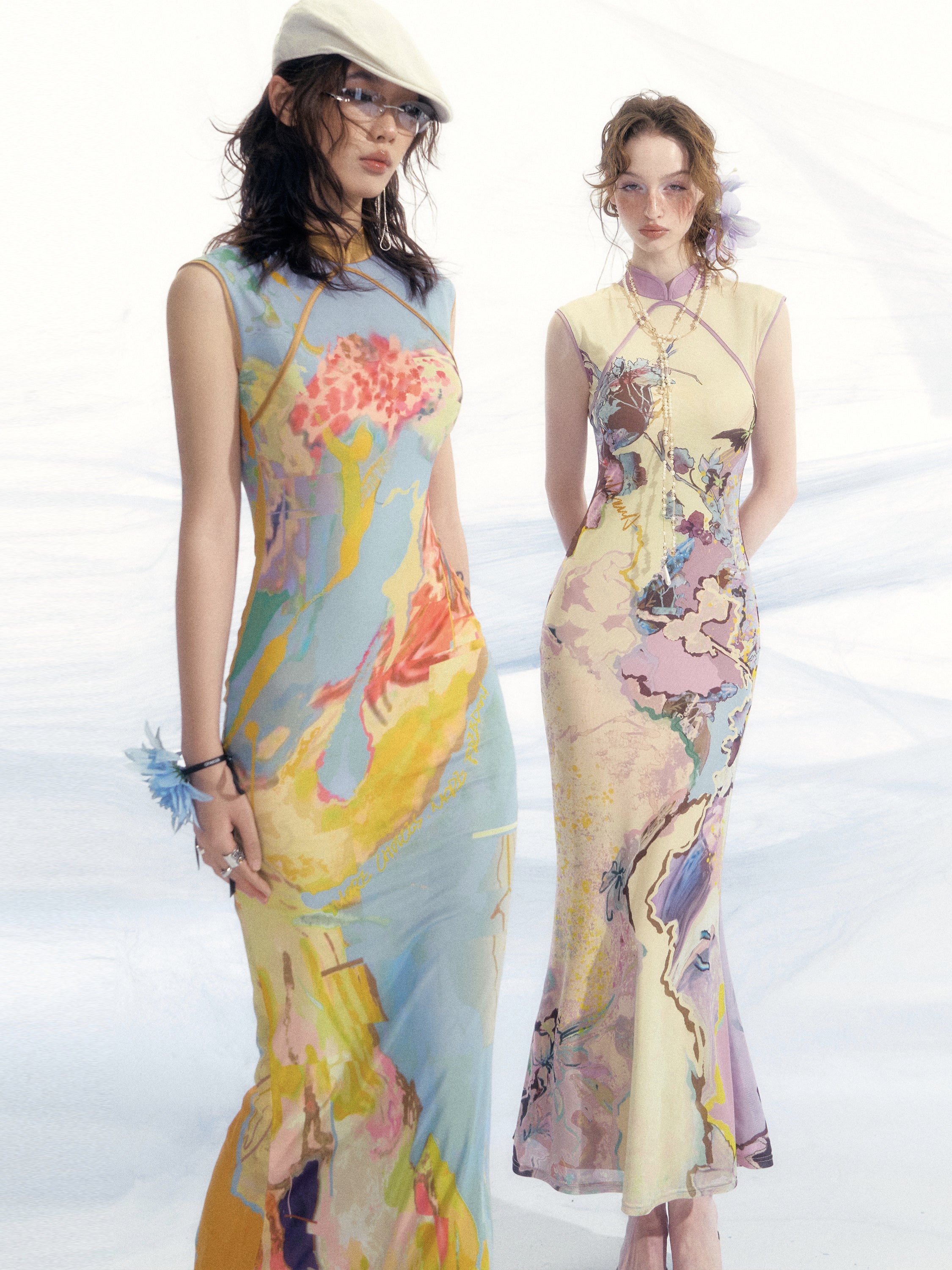 Reversible Mesh Cheongsam Print Dress