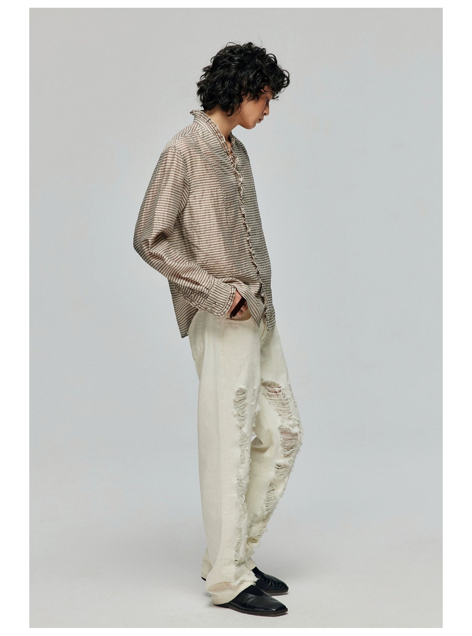 Ruffle-Trim Checked Button-Up Shirt