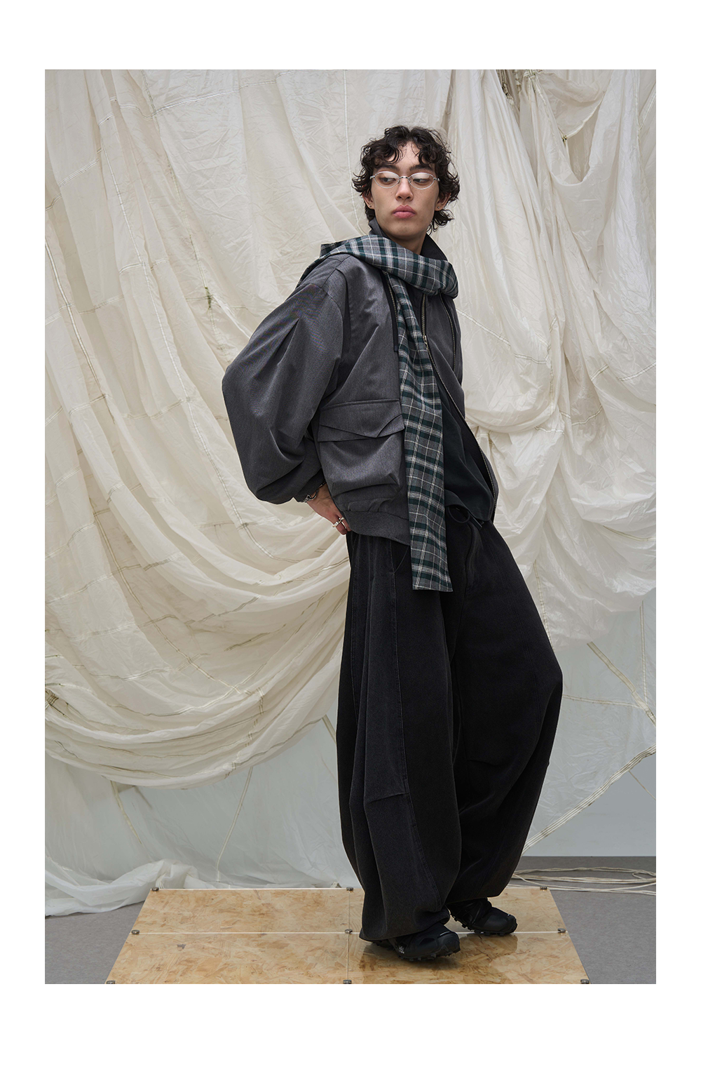 Layered Plaid Balloon Denim Pants