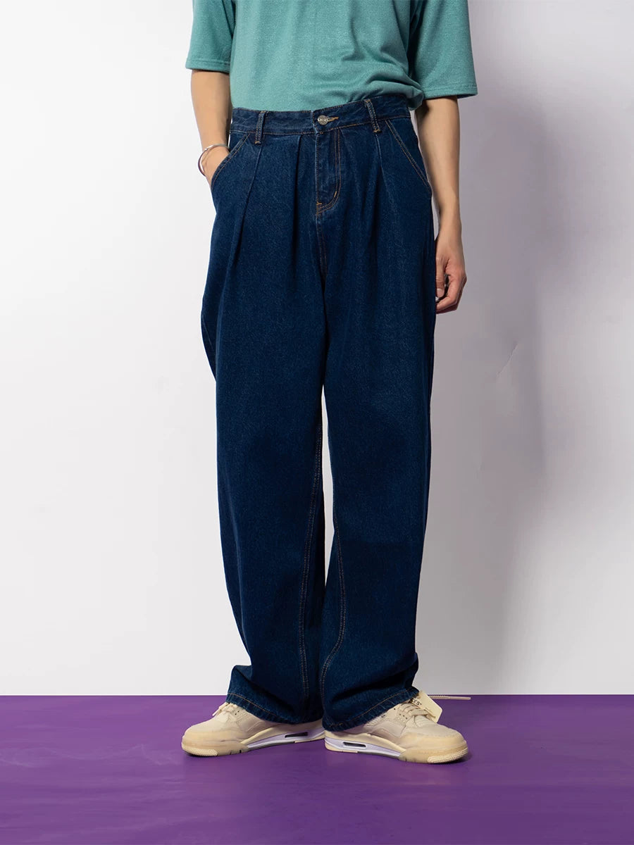 Midnight Pleat Relaxed Wide-Leg Jeans