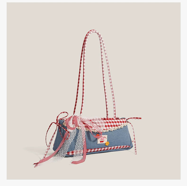 Gingham Picnic Lace Baguette Bag