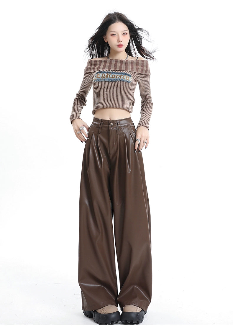 Coffee Wide-Leg Pu Leather Pants - chiclara