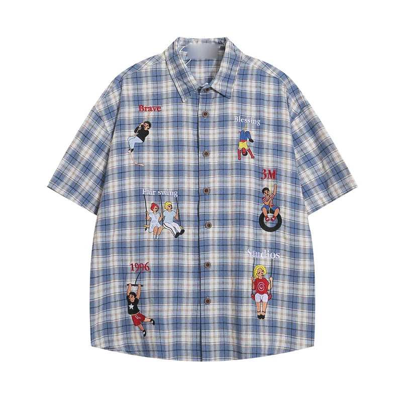 Camisa de botones a cuadros de dibujos a cuadros juguetones