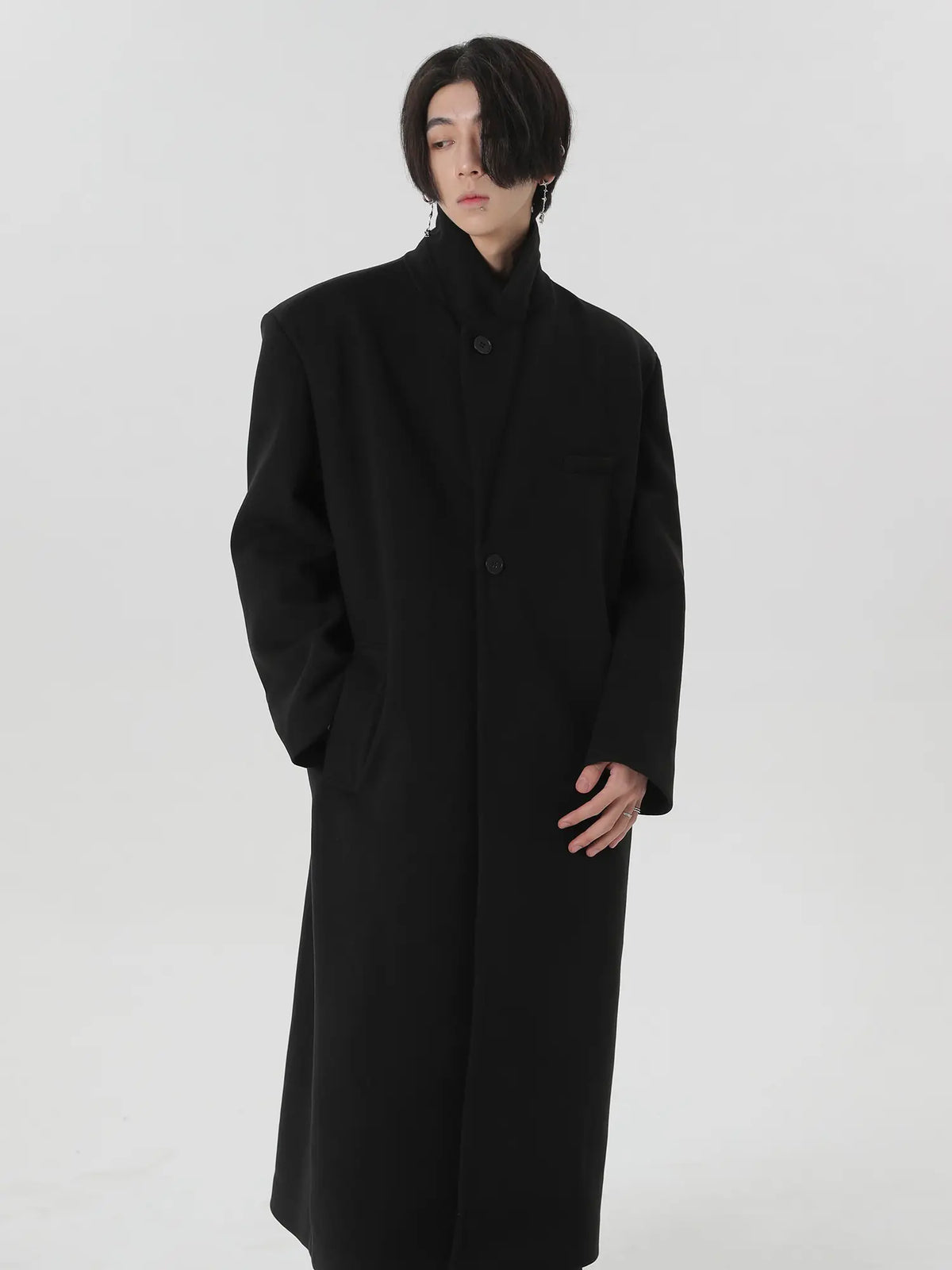 Draped Stand-Collar Maxi Coat