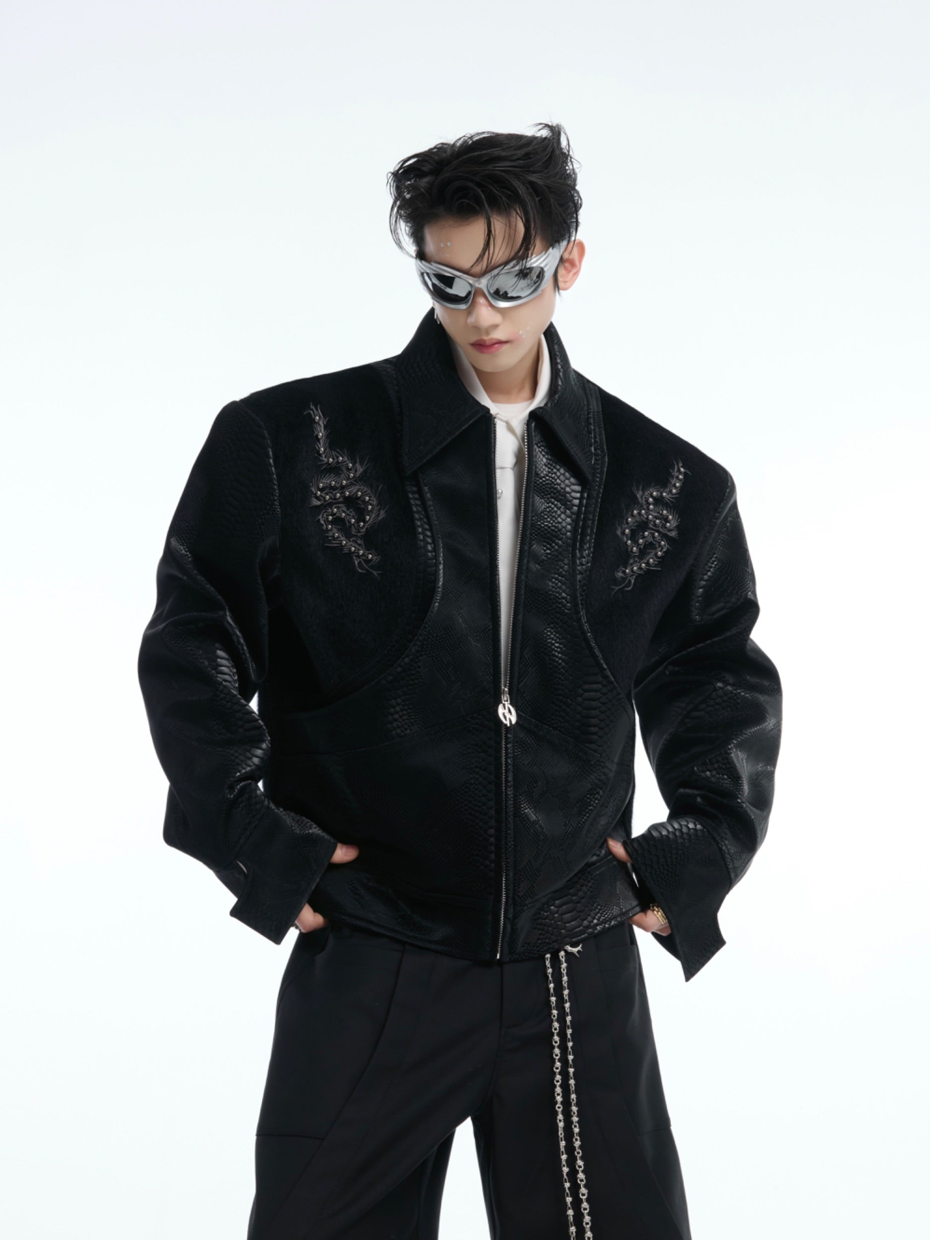 Embellished Snake Pattern Leather Moto Jacket