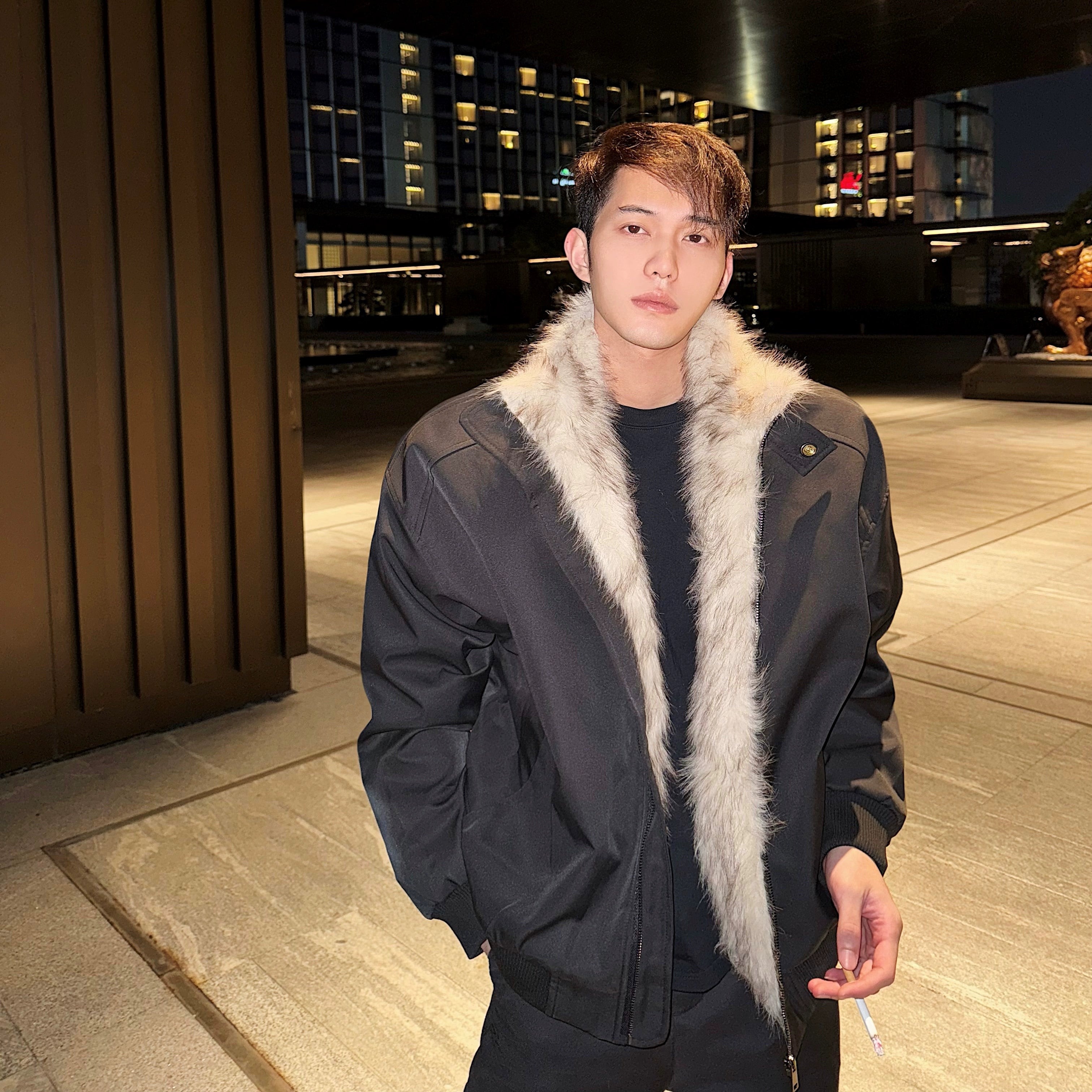Black Bomber Jacket with Light Faux Fur Trimmed Lapel