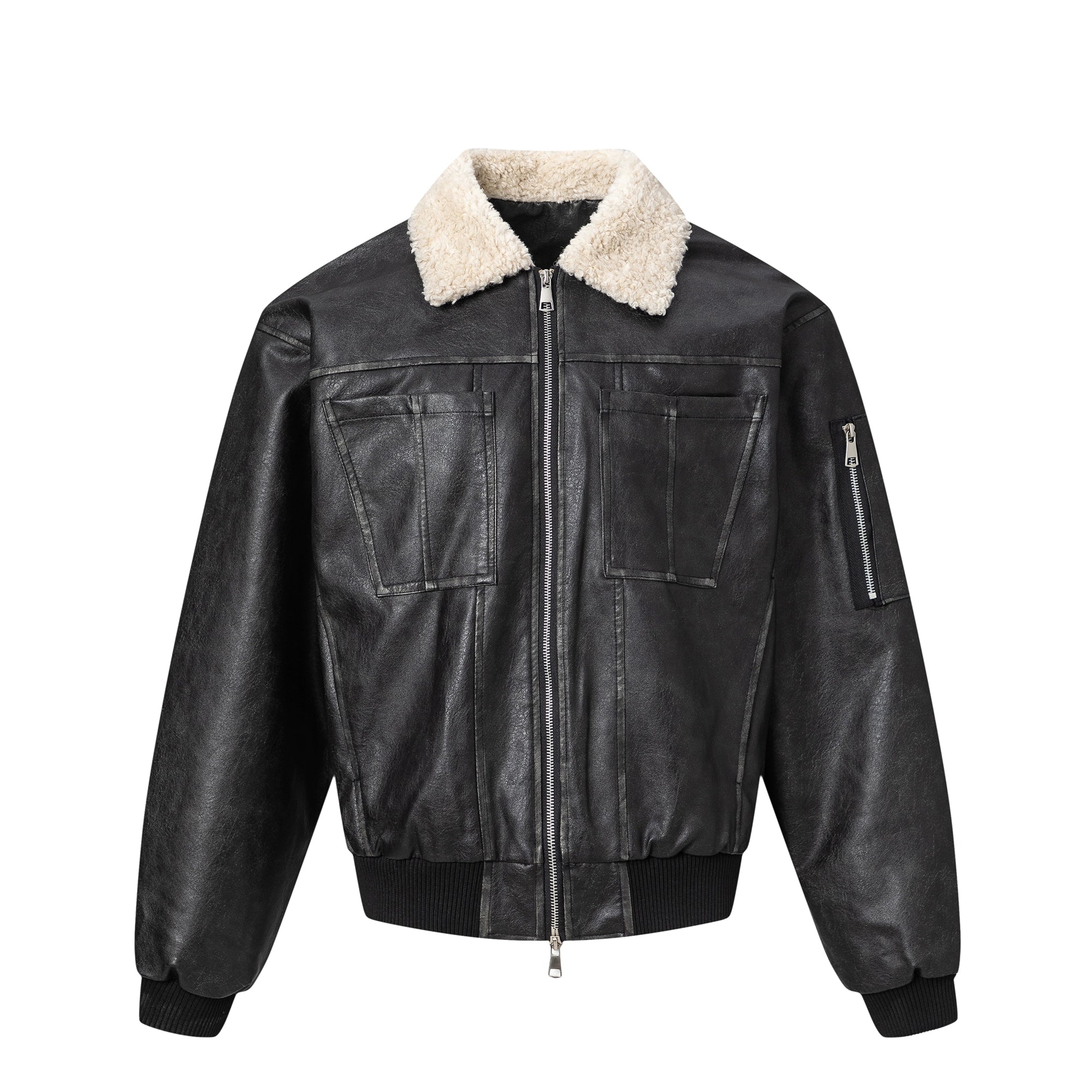 Veste en cuir PU avec col en laine d'agneau