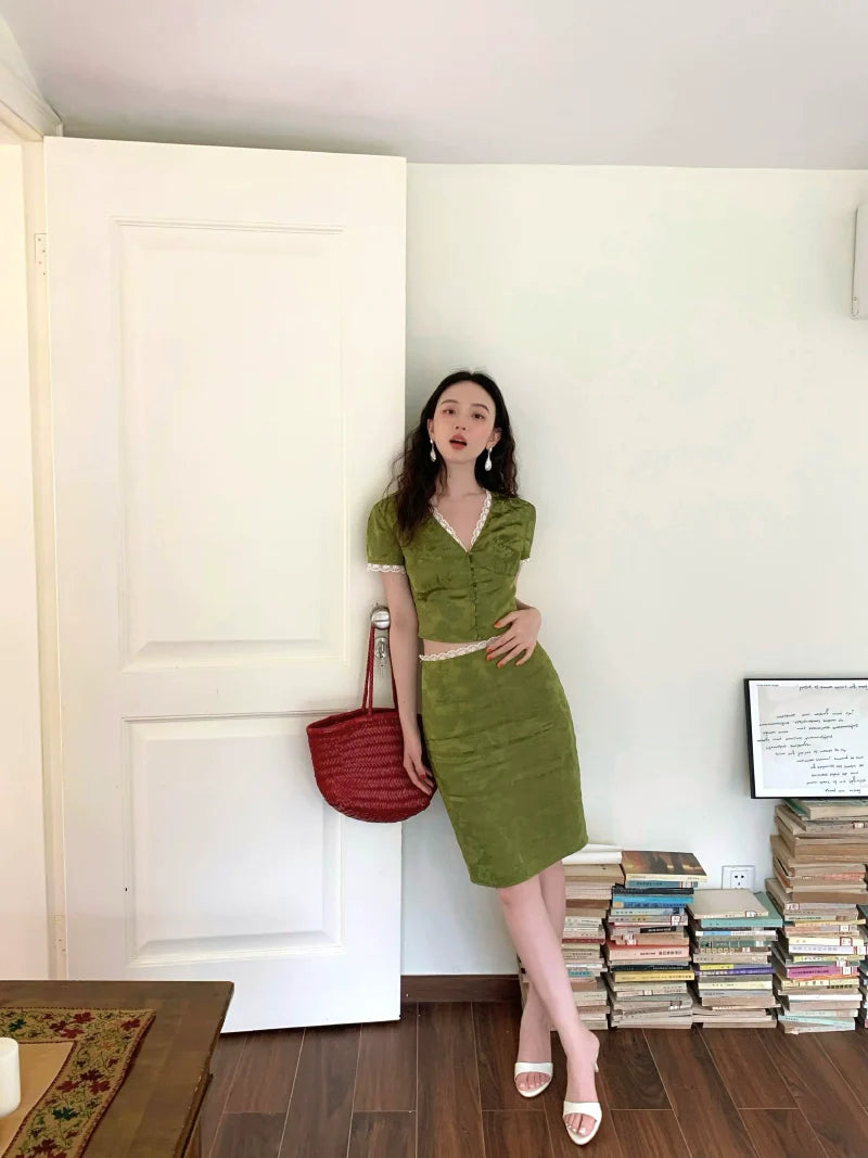 French Vintage Lace Trim Blouse and Midi Skirt Setup