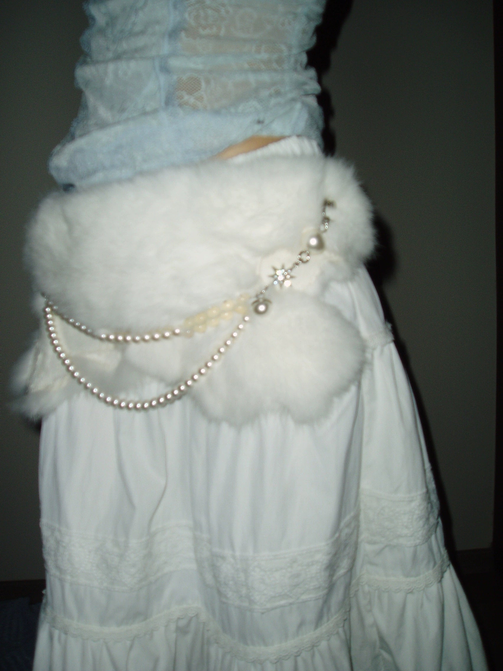 White Rabbit Fur Pearl Chain Belt