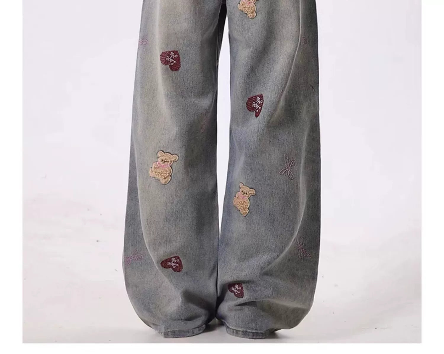 Distressed Teddy Bear Wide Leg Jeans