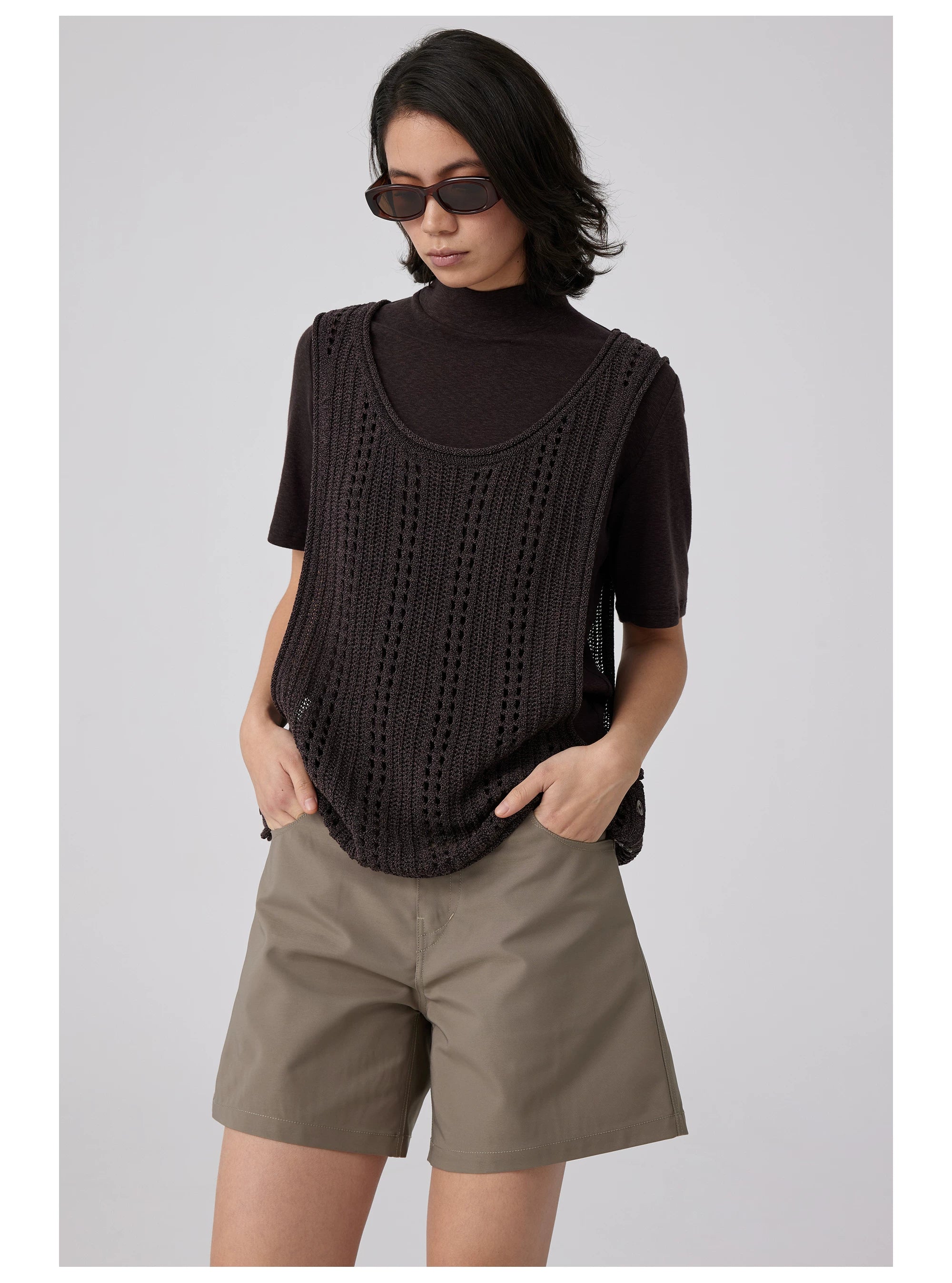 Open-Knit Button-Detail Vest