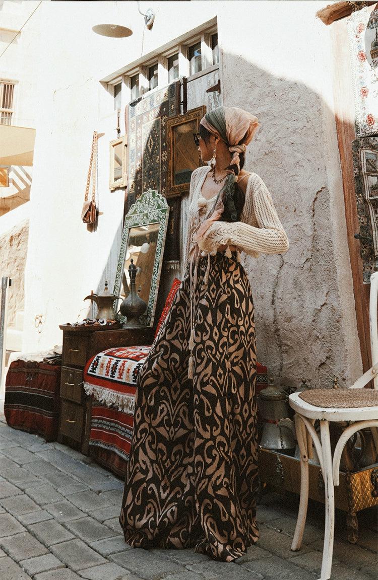 Boho Red and White Print Wide-Leg Pants