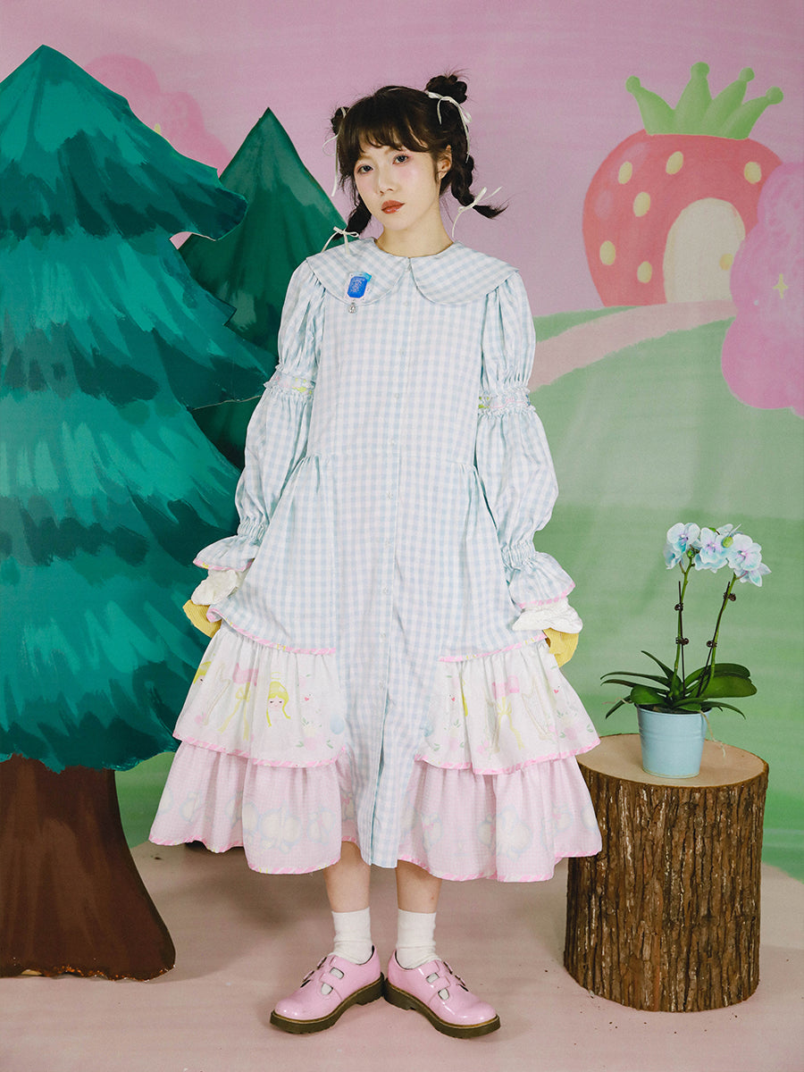 Blue Gingham Layered Ruffle Long Dress
