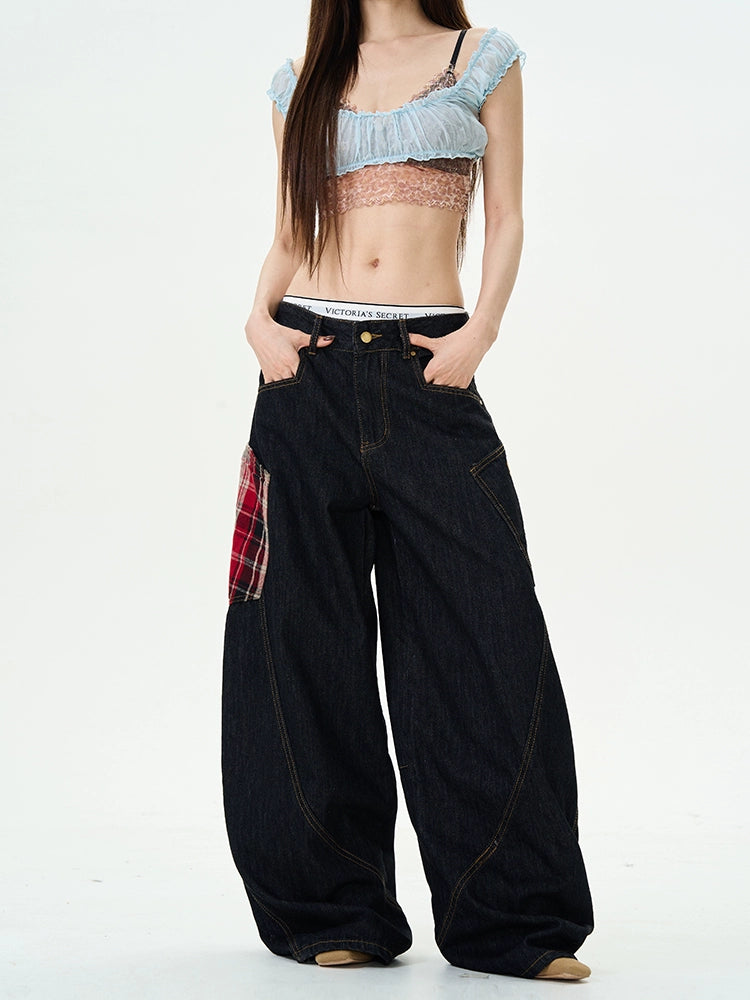 Plaid Patchwork Denim Cargo Pants