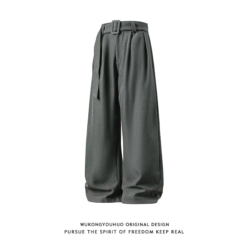 Belted Linen-Texture Curve Trousers
