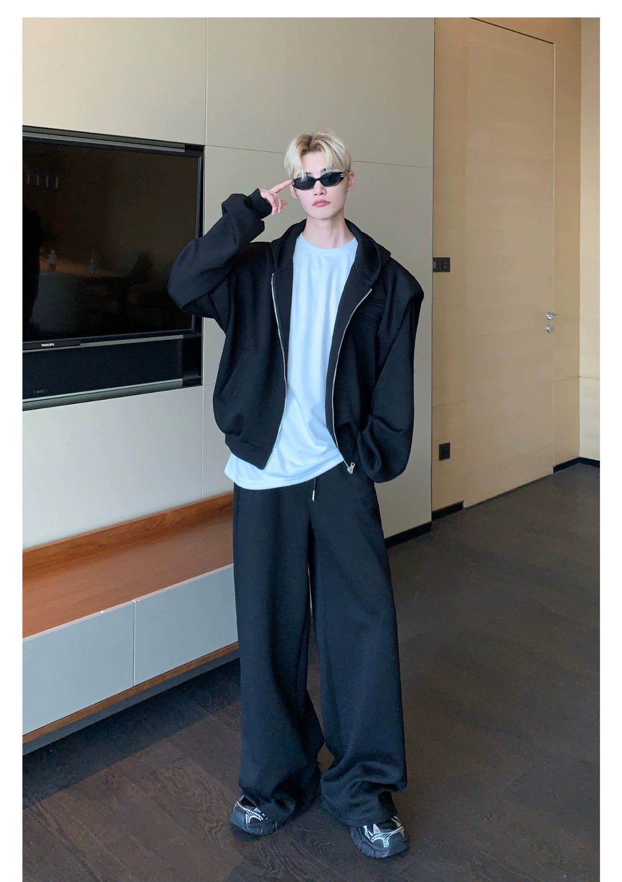 Shoulder-Padded Hoodie Jacket with Straight-Leg Pants Two-Piece Set