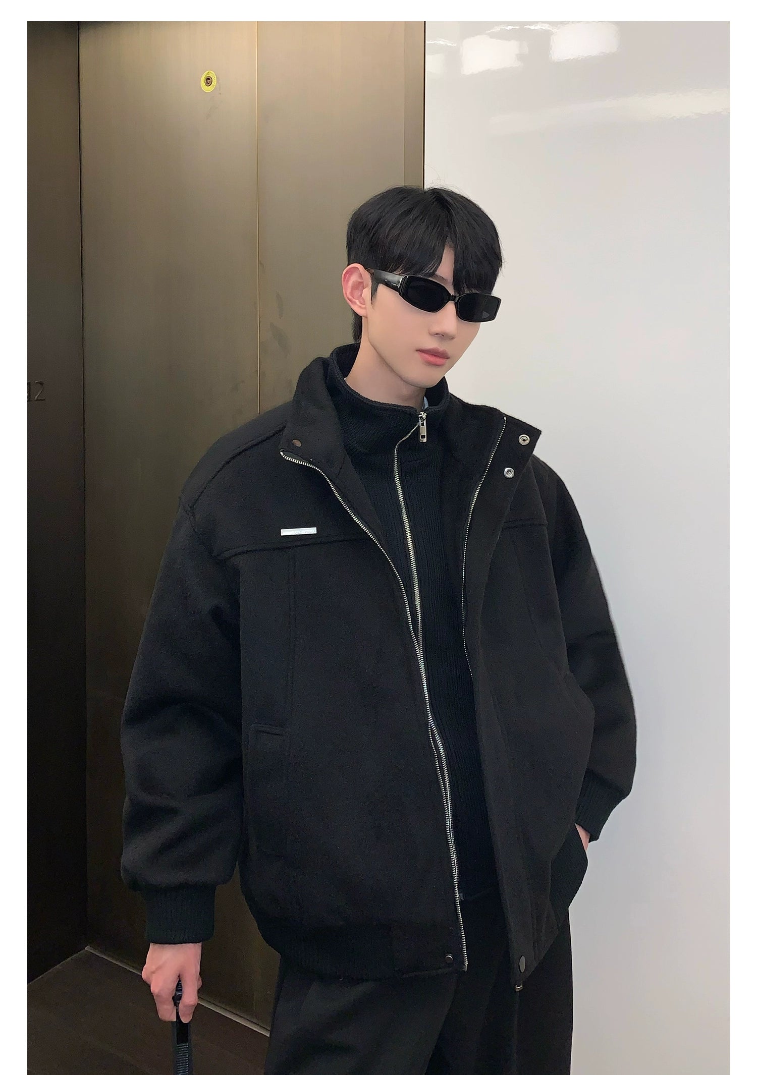Bomber Jacket with Stand Collar and Ribbed Cuffs