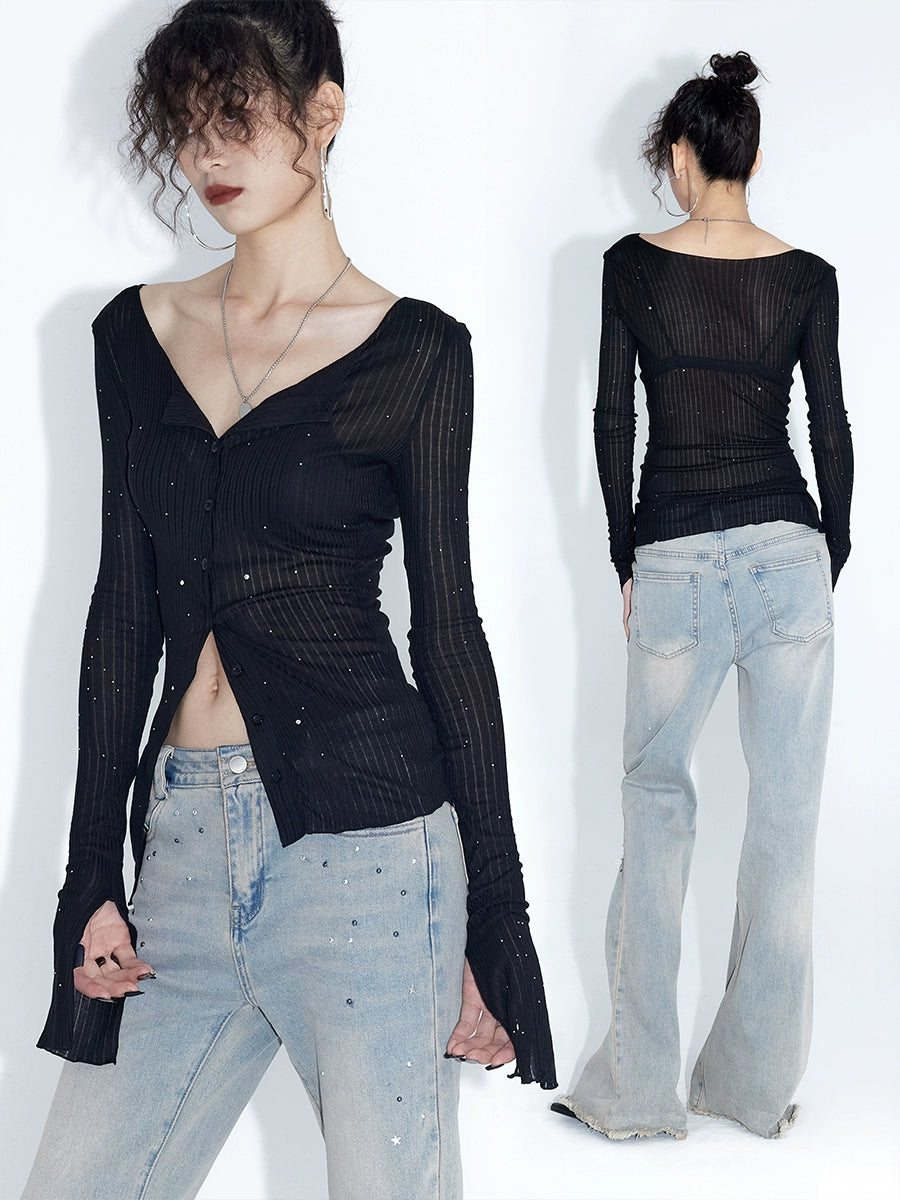 Galaxy Glint Ribbed Button Cardigan Top