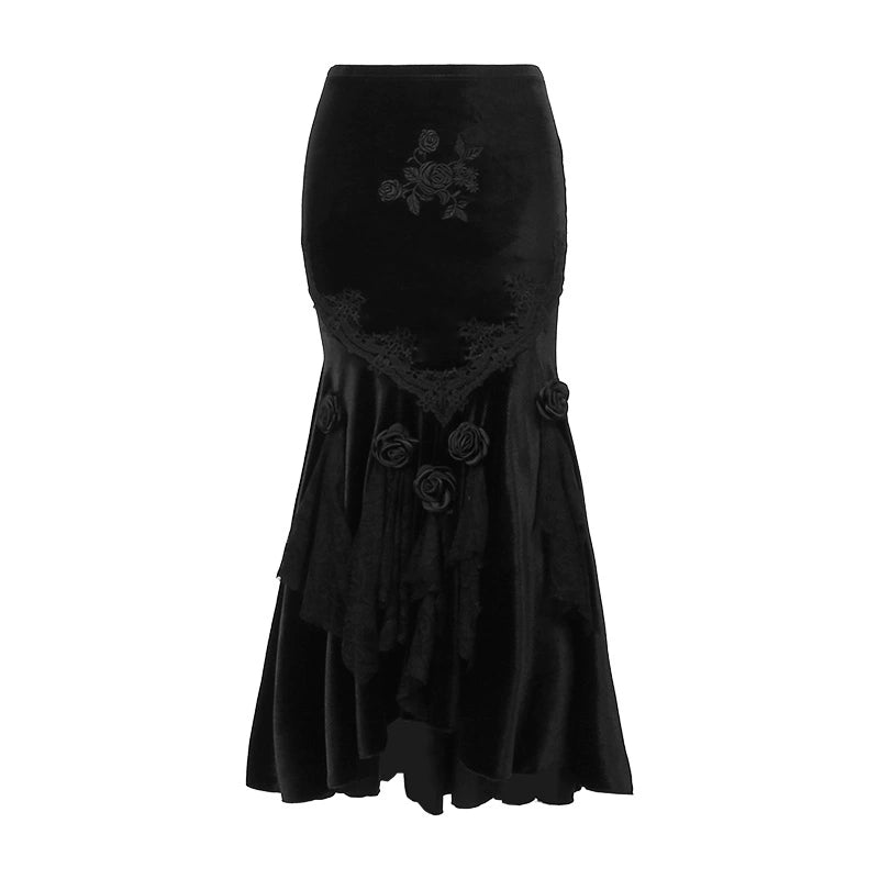Conjunto de terciopelo gótico de Wannathis - Bodysuit de encaje sin hombros con sirena floral Maxi falda