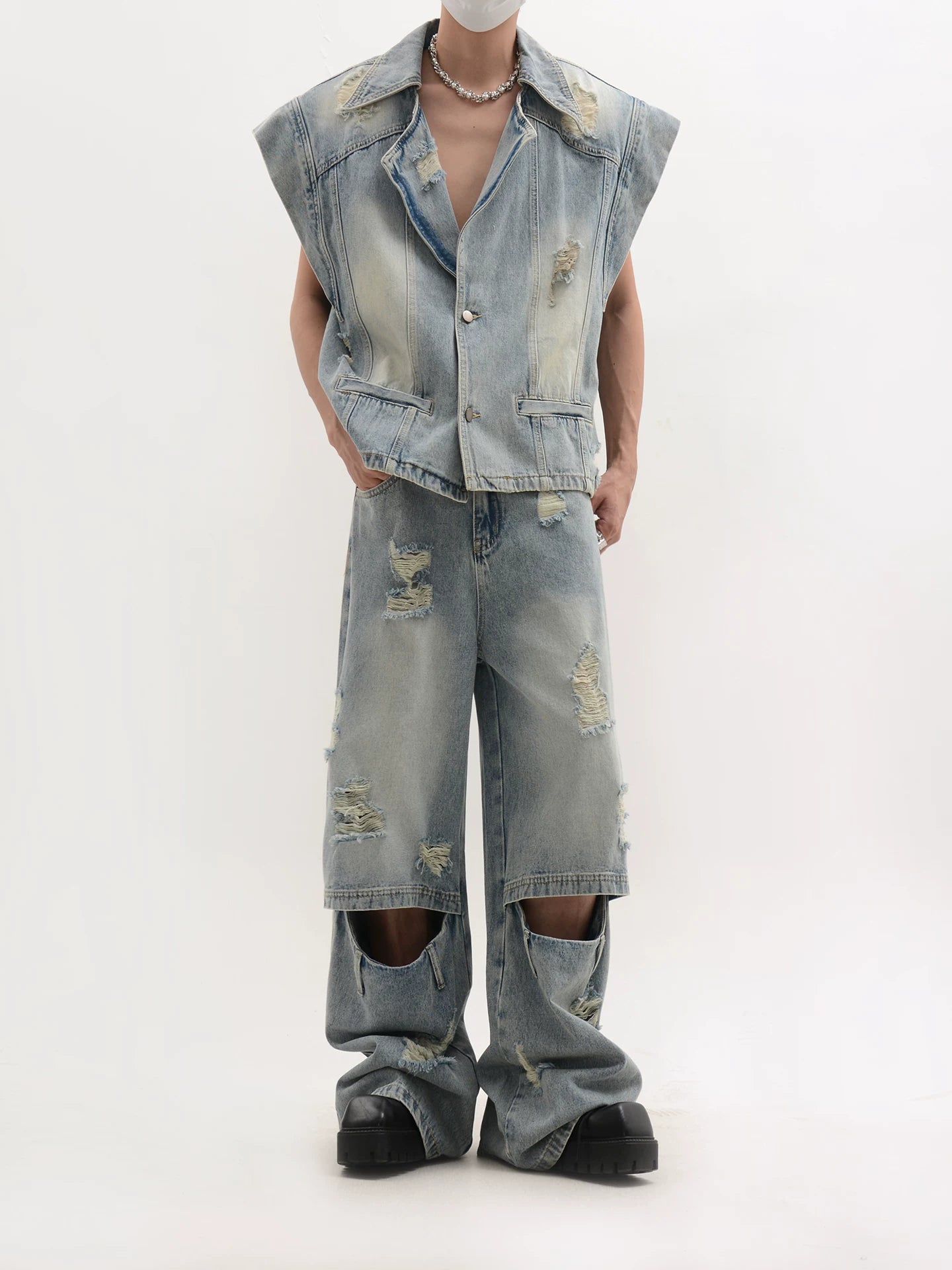 Distressed Oversized Shoulder Denim Vest