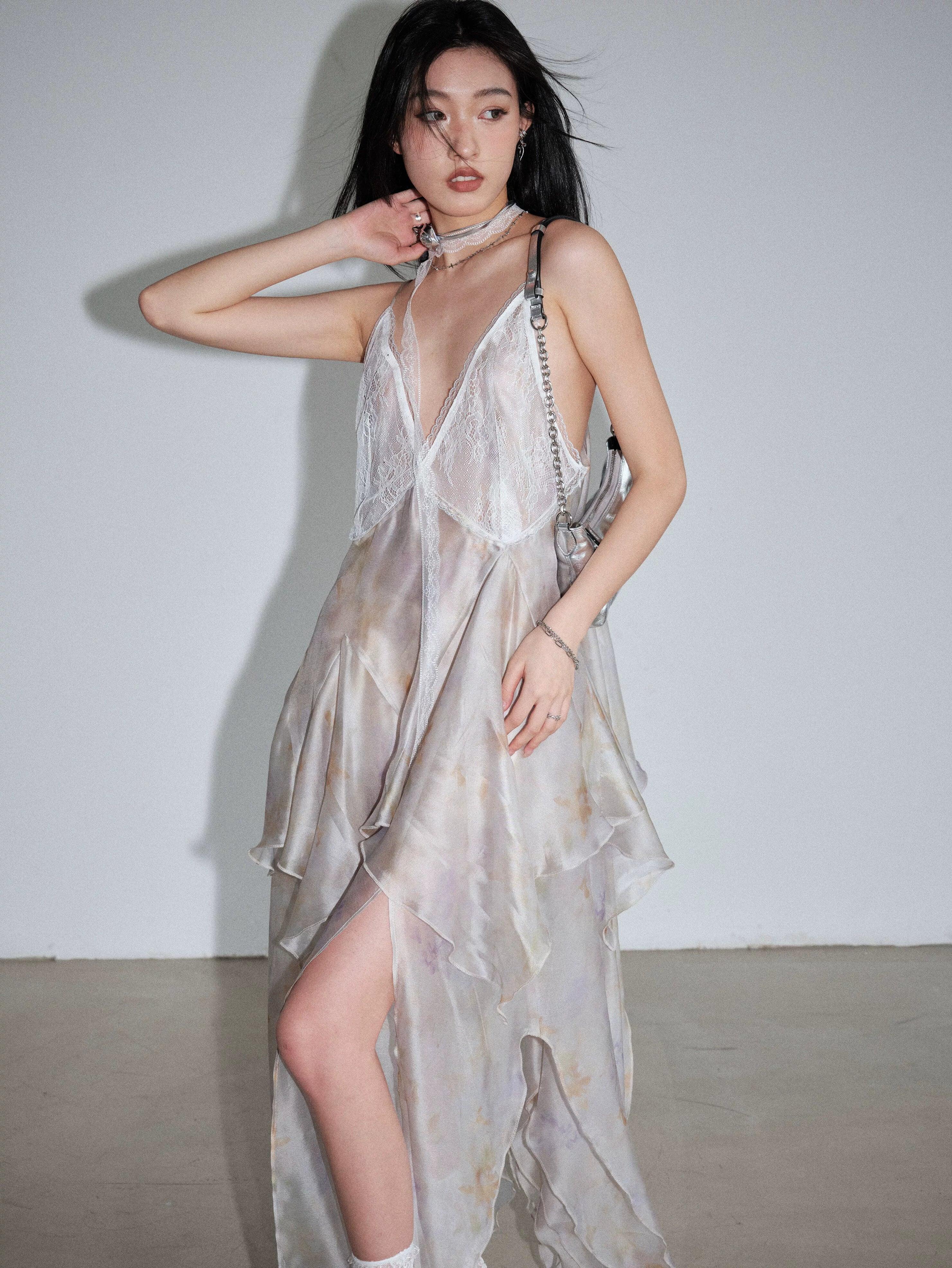Jnylon Studio Ethereal Fairy Slip Robe - Femme en mousseline de mousseline en ivoire pour femmes avec mouchoir Hem