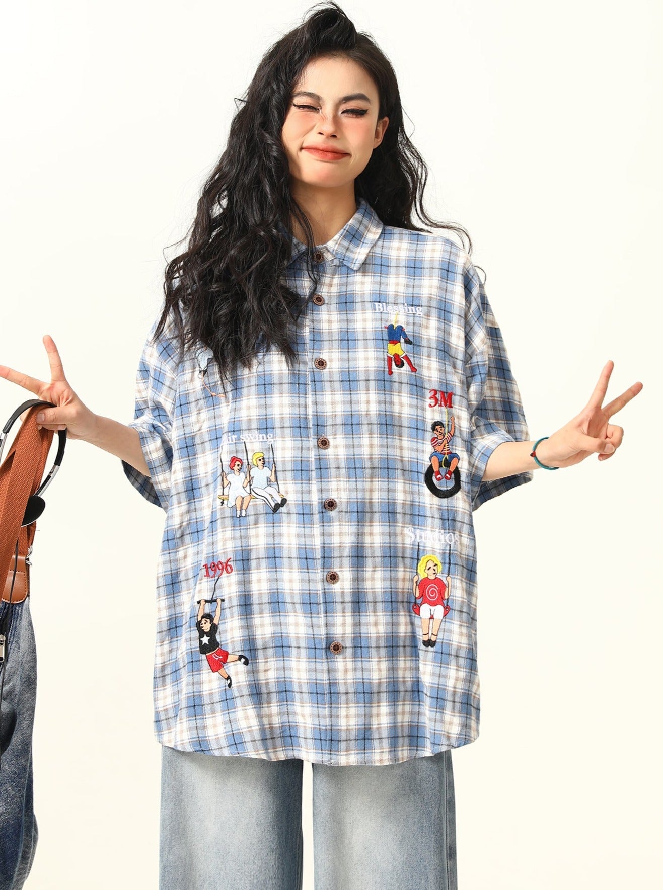 Camisa de botones a cuadros de dibujos a cuadros juguetones