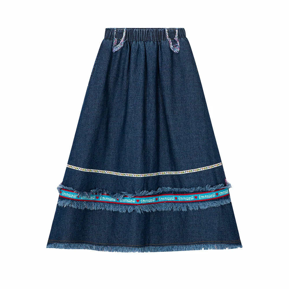 Denim Frayed Tiered Midi Skirt