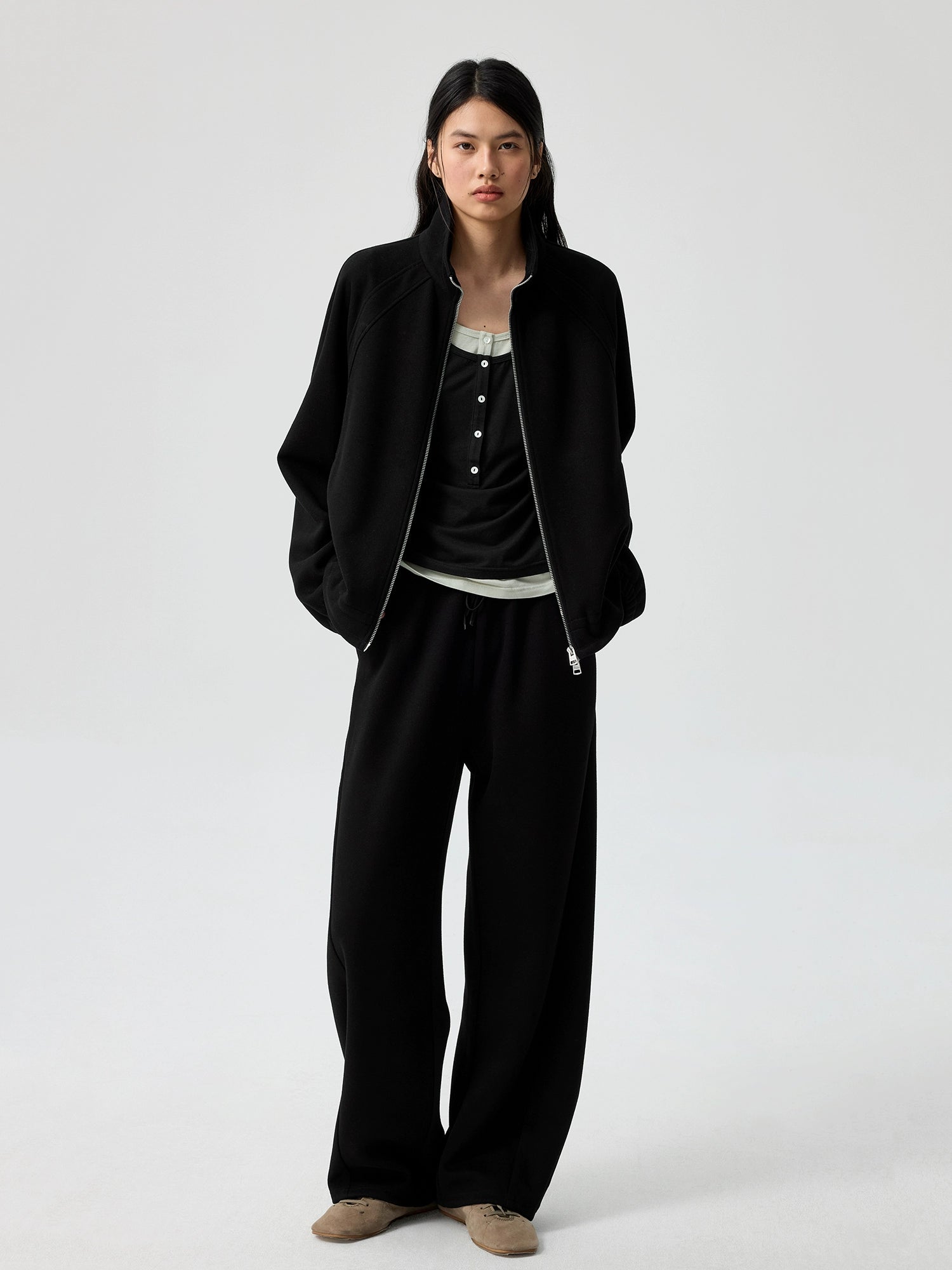 Relaxed Fit Fleece Zip-Up Track Jacket