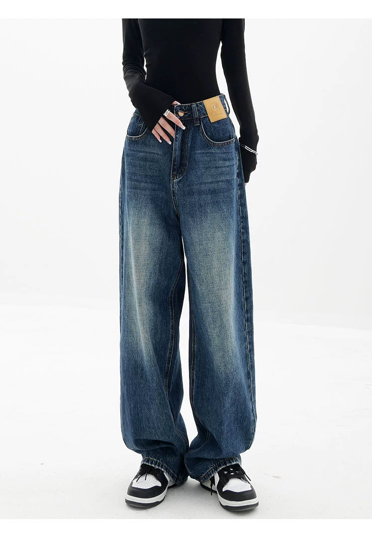 Blue Retro Loose Straight-Leg High-Waist Floor-Length Jeans - chiclara