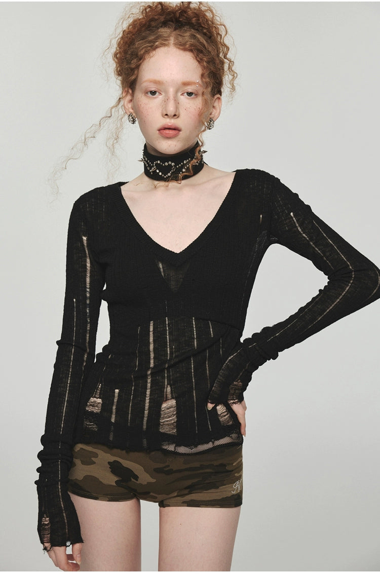 Hollow-Out V-Neck Thin Cardigan With Distressed Waist Knit Top - chiclara
