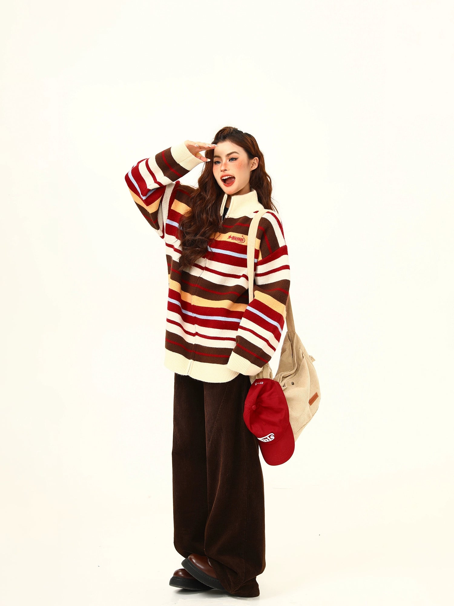 Striped Oversized Knit Zip-Up Sweater