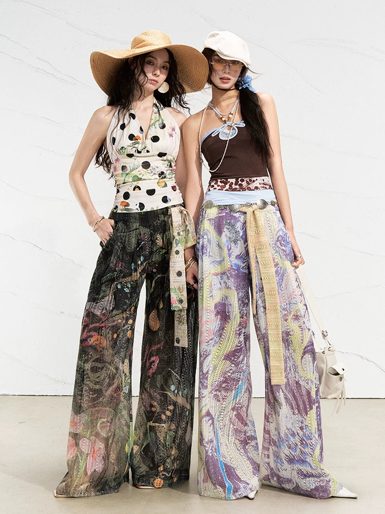 Vintage Floral Velvet Wide Leg Pants