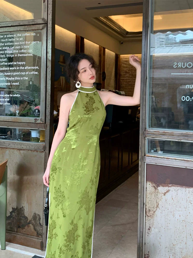 Green Floral Halter Neck Cheongsam Dress